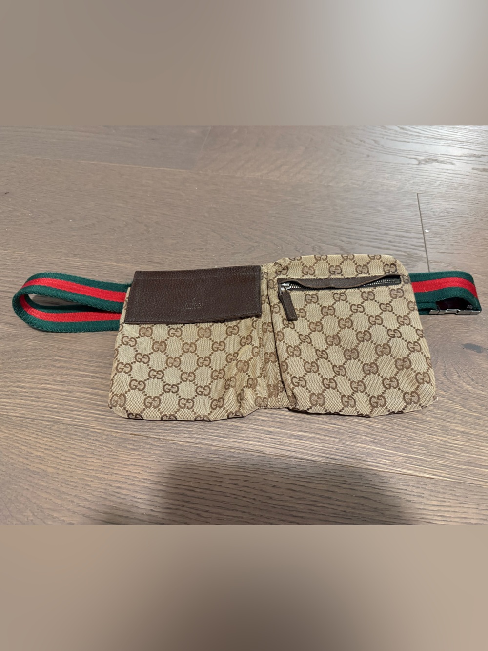 Gucci Beige GG Canvas Belt Bag with Brown Leather and Green-Red Webbing
